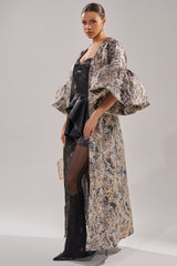 METALLIC PUFF SLEEVE BROCADE DUSTER IN SILVER