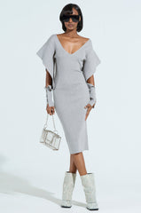 OFF TO BRUNCH KNIT MIDI DRESS IN HEATHER GREY