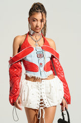 FAST MOTION CUT OUT CORSET MOTO DENIM TOP