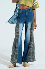 CADET CRAZY CAMO AND DENIM WIDE LEG PANT