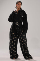 PLAY YOUR CARDS RIGHT DENIM JUMPSUIT WITH GROMMETS