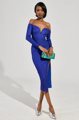 NOBODY'S BUSINESS BANDAGE MIDI DRESS IN BLUE
