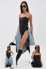 BUSINESS IN THE FRONT DENIM BLAZER MIDI DRESS