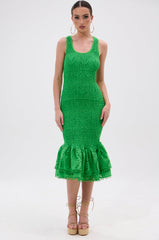 LET'S GO TO THE BEACH RUFFLE MIDI DRESS IN GREEN
