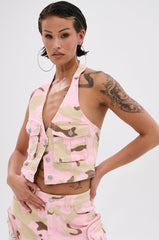 GIRL POWER CAMO BUTTON DOWN HALTER TOP