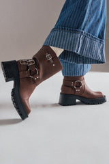 AZALEA WANG BUCKED BROWN CHUNKY HEEL COMBAT BOOTIE