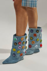 AZALEA WANG EAVEN WEDGE EMBELLISHED DENIM BOOTIE