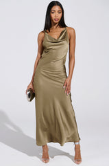 BELLA SATIN MAXI DRESS IN OLIVE