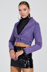GISELE CROPPED FUR TRIM DENIM JACKET IN PURPLE