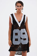 ON THE SIDELINES LACE JERSEY MINI DRESS WITH DENIM