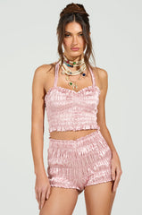 BABY DOLL RUCHED SATIN HALTER TOP