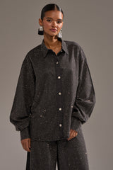 BLING BLING DENIM BUTTON DOWN TOP IN BLACK