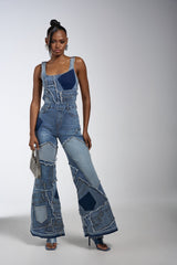 LIFE OF THE PARTY DENIM PATCHWORK JUMPSUIT