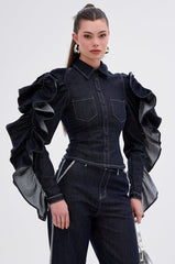 RUFFLED UP LONG SLEEVE DENIM TOP