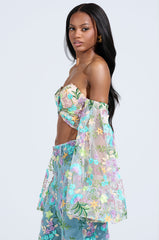 GARDENIA FLORAL EMBROIDERY TULLE TOP