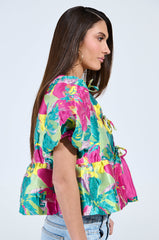 CARIBBEAN VIBES BROCADE TIE FRONT BLOUSE