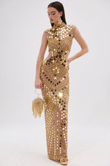 QUEEN OF EVERYTHING MIRRORED MAXI DRESS IN GOLD