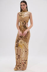 QUEEN OF EVERYTHING MIRRORED MAXI DRESS IN GOLD