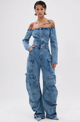 ARI LONG SLEEVE CARGO DENIM JUMPSUIT