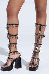 AZALEA WANG SELINDE BLACK SILVER METAL HARDWARE CHUNKY HEEL SANDAL