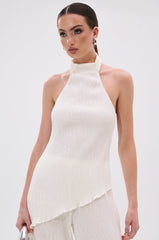 OLIVIA PLISSE HALTER NECK ASYMMETRICAL TOP IN WHITE