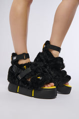 CRANBERRY CAGED BLACK FUZZY FLATFORM SANDAL