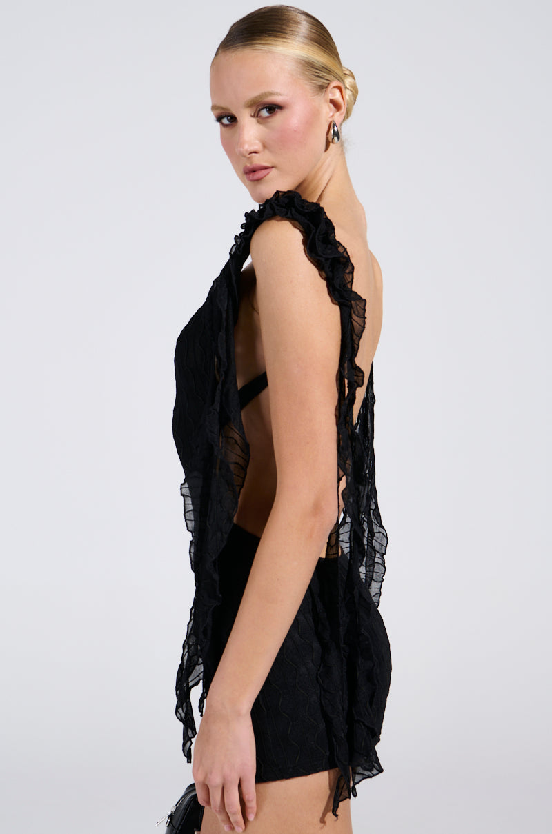 NEVER BASIC RUFFLED MESH MINI DRESS IN BLACK