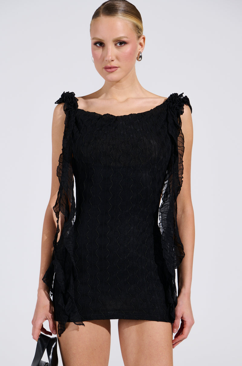 NEVER BASIC RUFFLED MESH MINI DRESS IN BLACK