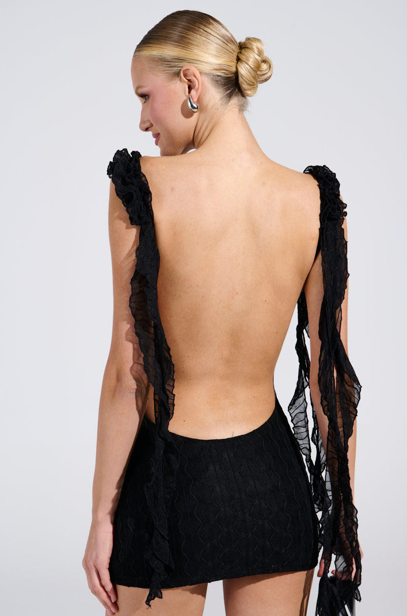 NEVER BASIC RUFFLED MESH MINI DRESS IN BLACK