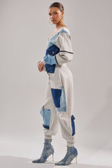 COMFY COZY SWEATSHIRT JUMPSUIT IN PATCHWORK DENIM