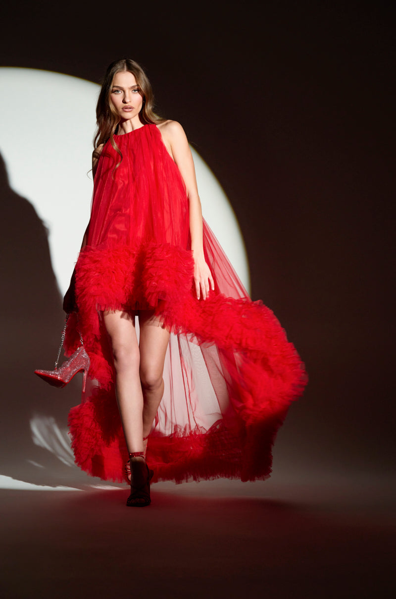 ARI TULLE RUFFLE HIGH LOW MINI DRESS IN RED