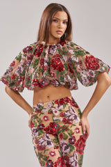ENCHANTED GARDEN FLORAL EMBROIDERED TULLE TOP