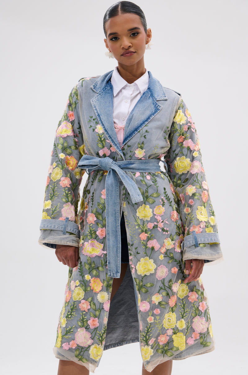 LIFE IN COLOR FLORAL DENIM TRENCH