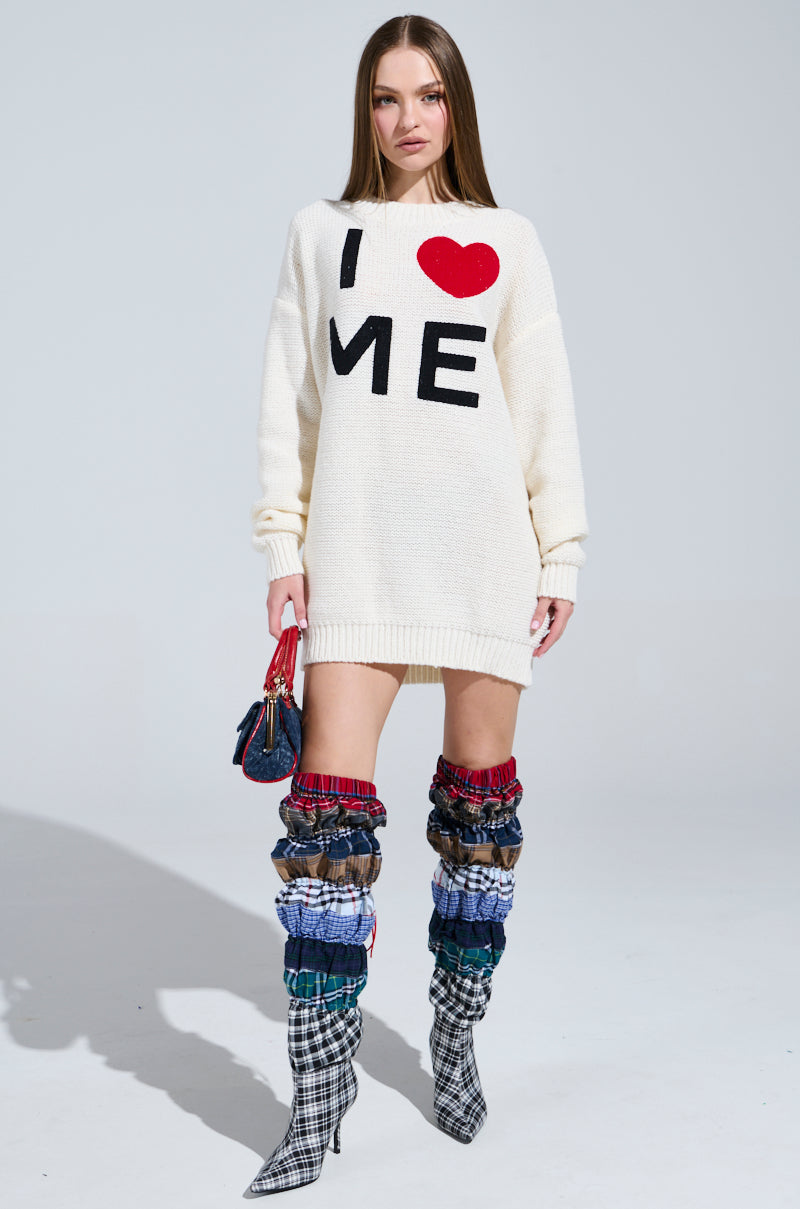 LOVE MYSELF PRINTED SWEATER DRESS
