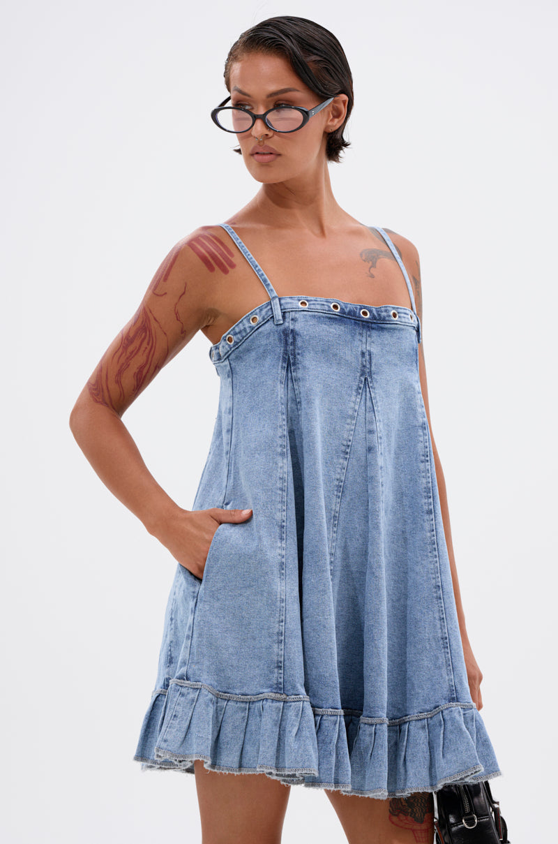 PLEATED UP MINI DRESS IN DENIM