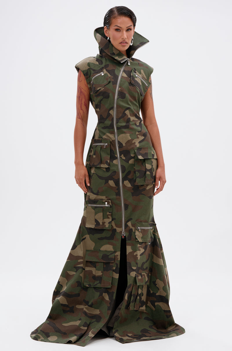 NOW YOU SEE ME CAMO PRINT MAXI DRESS
