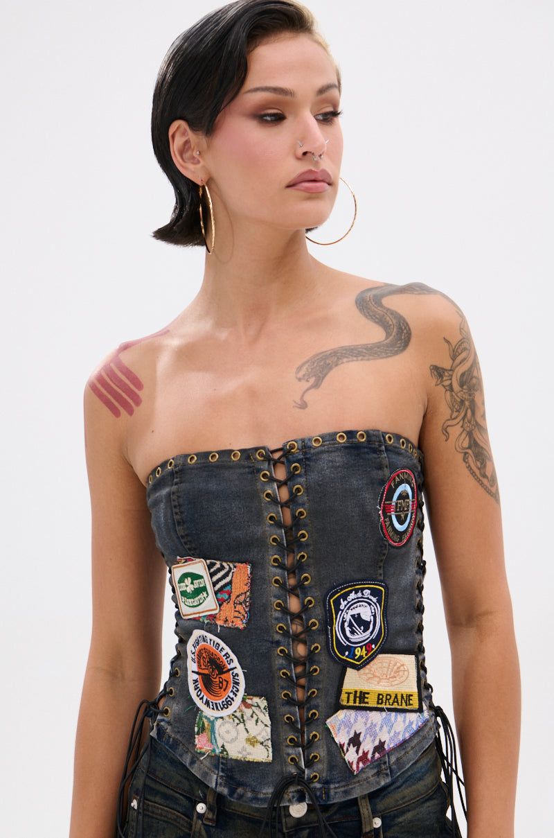 ARTS AND CRAFTS PATCH WORK DENIM CORSET