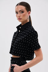 ITS GIVING DENIM RHINESTONE BUTTON DOWN