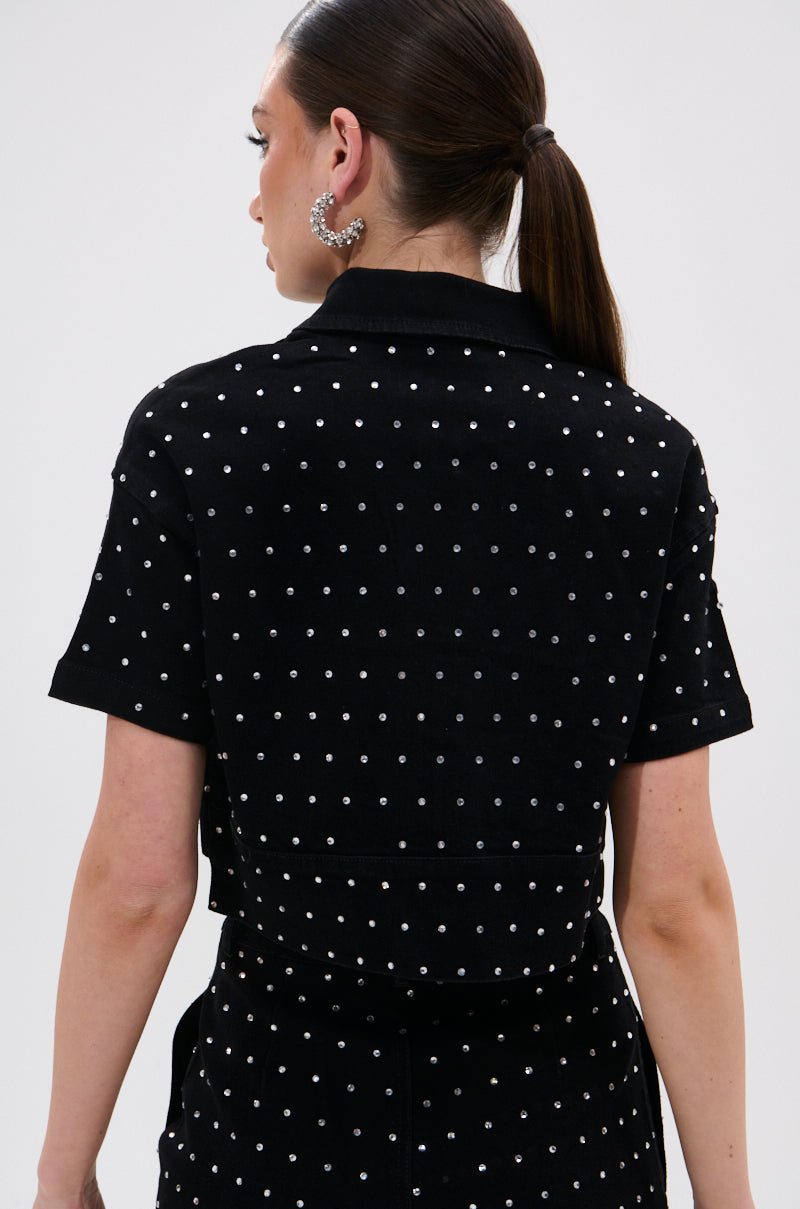 ITS GIVING DENIM RHINESTONE BUTTON DOWN