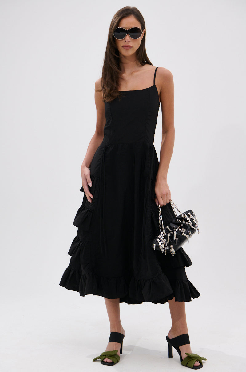 ADDED DRAMA RUFFLED MIDI DRESS IN BLACK