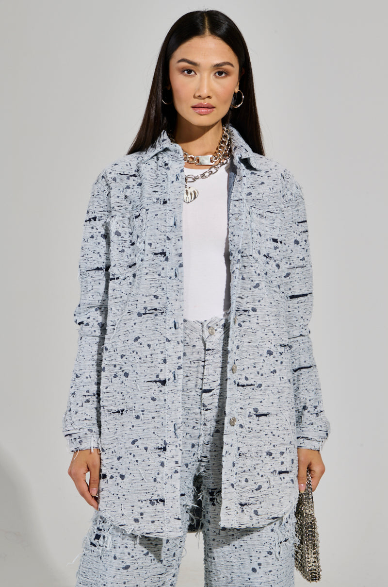 NEVER LOSE ME DISTRESSED BUTTON DOWN LIGHT BLUE DENIM SHIRT
