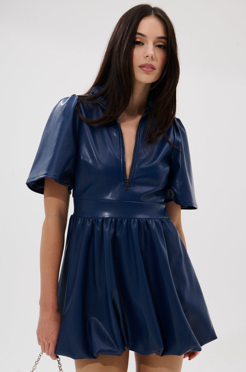 LALA LOVE YOU PU MINI DRESS IN NAVY