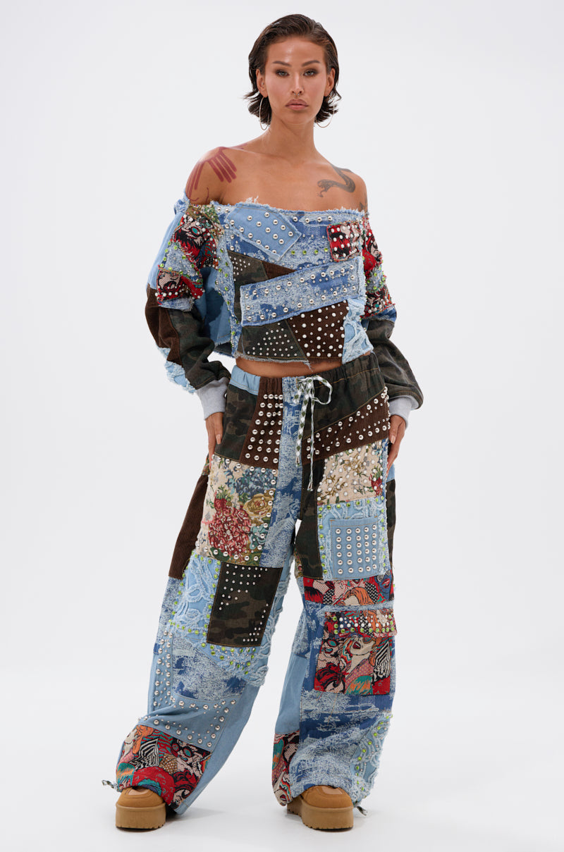 CALL ME CRAZY PATCHWORK OFF THE SHOULDER SWEATSHIRT