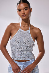 LILA EMBELLISHED MOCK NECK MESH TOP