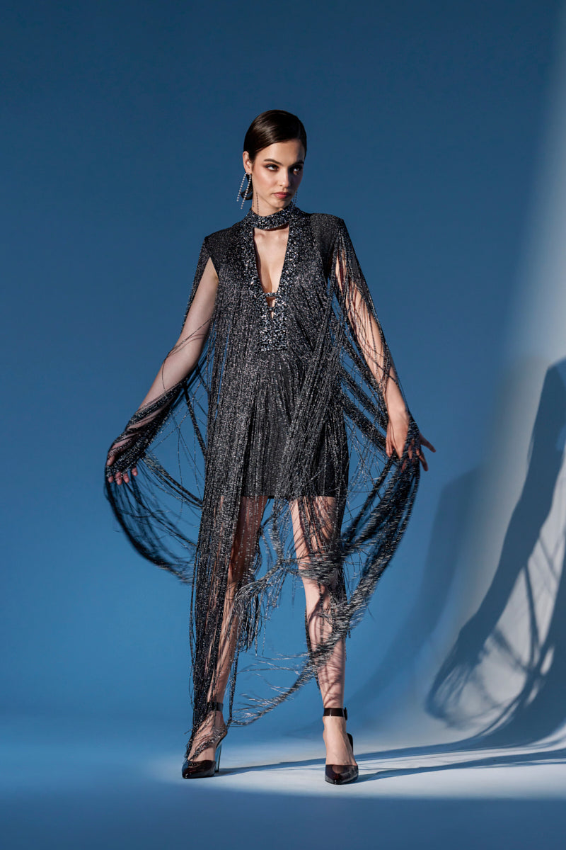 MIXED MESSAGES METALLIC BANDAGE MINI DRESS WITH FRINGE