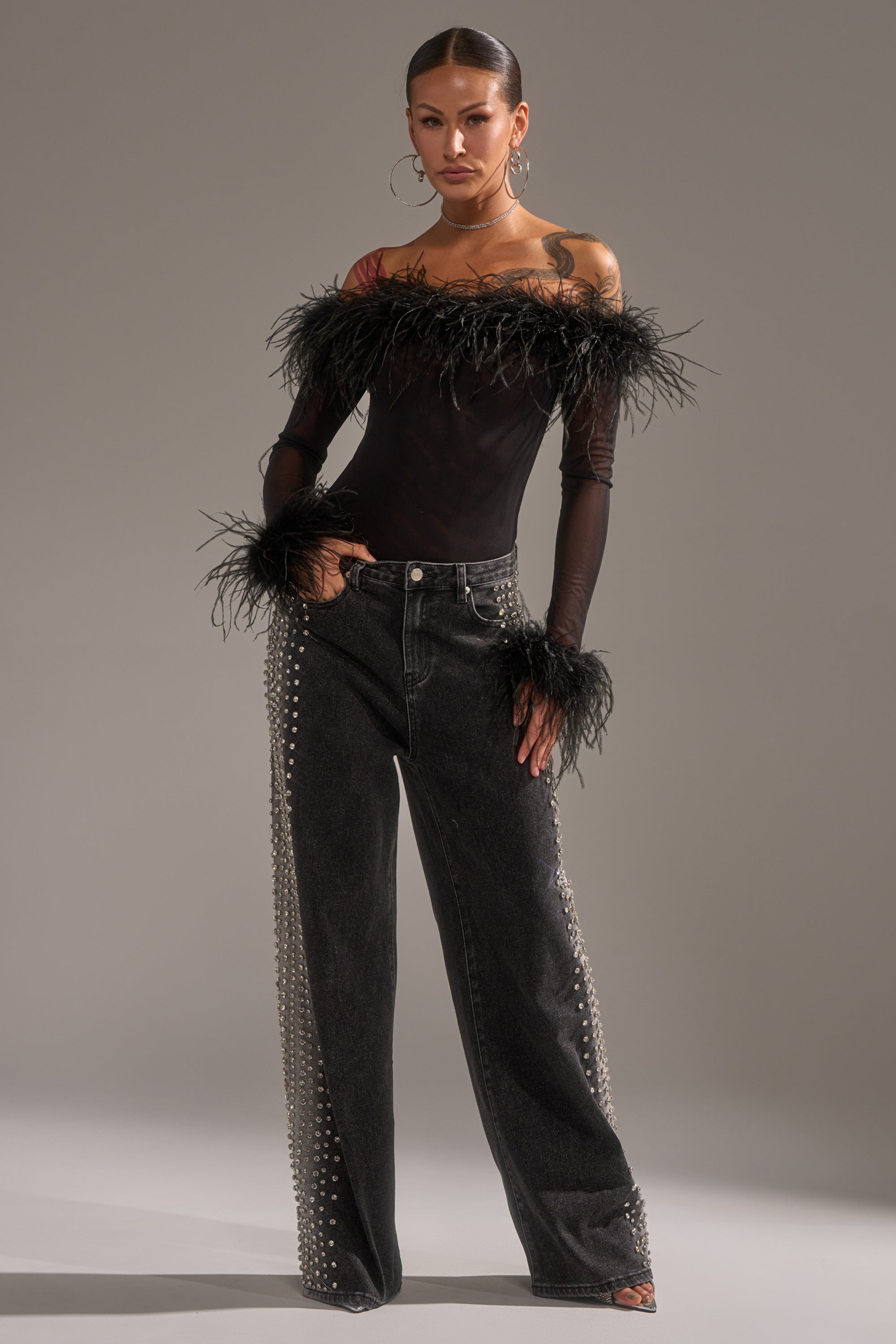FREAKING FIRE EMBELLISHED DENIM