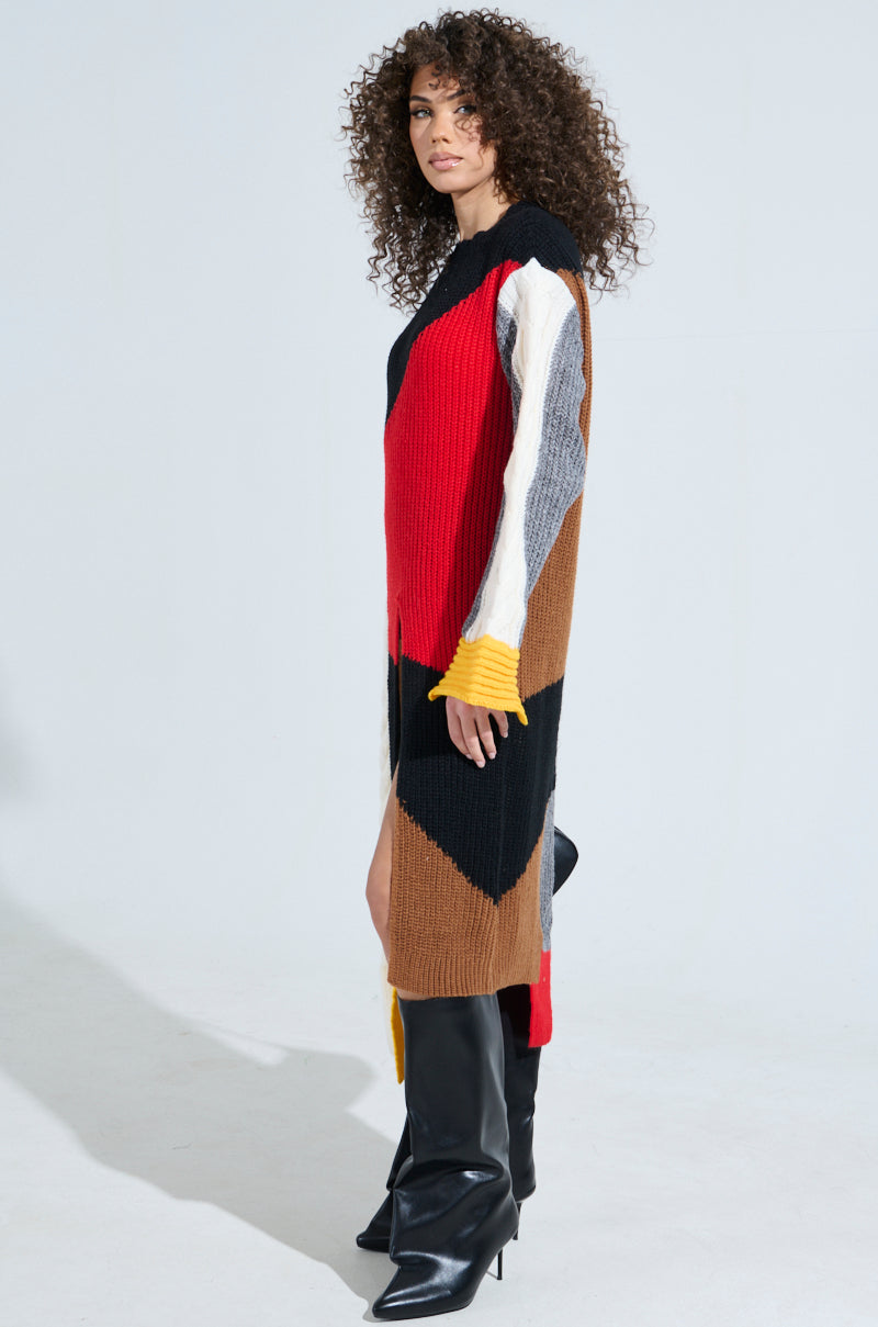 MIXED PATTERN LONG SLEEVE SWEATER DRESS
