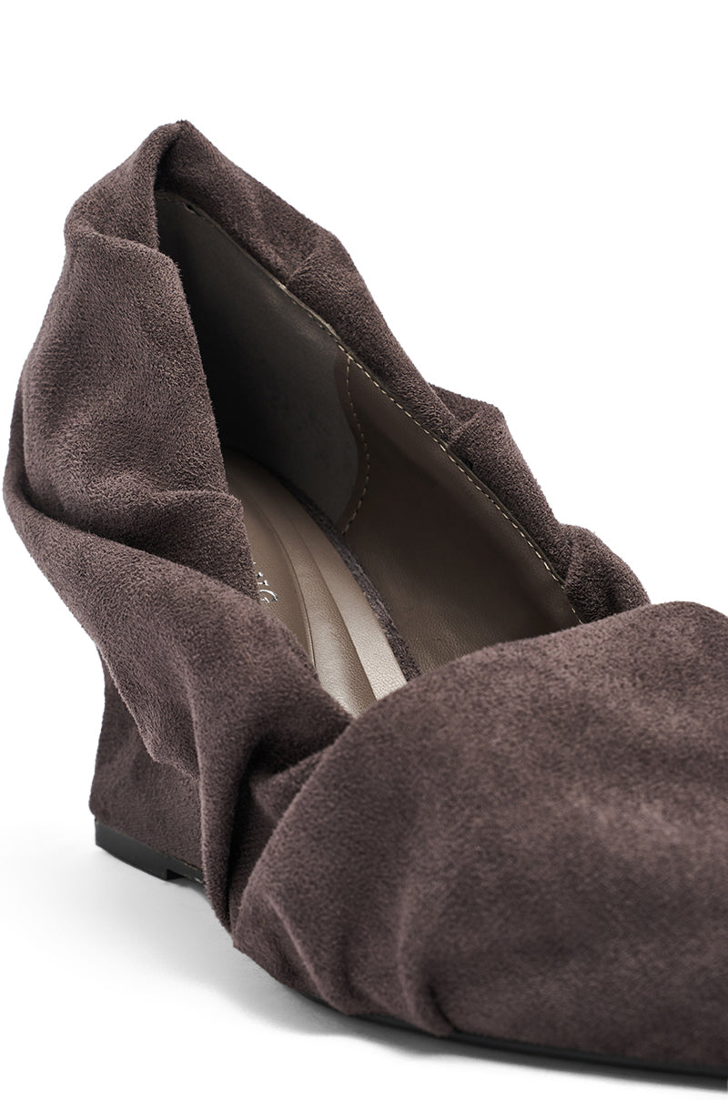 AZALEA WANG AICHA FAUX SUEDE GRAY RUCHED WEDGE PUMP