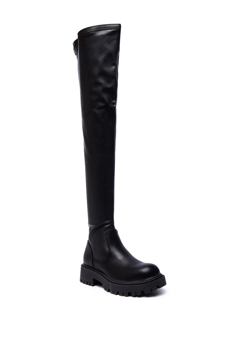 AZALEA WANG AJUNA BLACK FLAT THIGH HIGH STRETCH PU BOOT