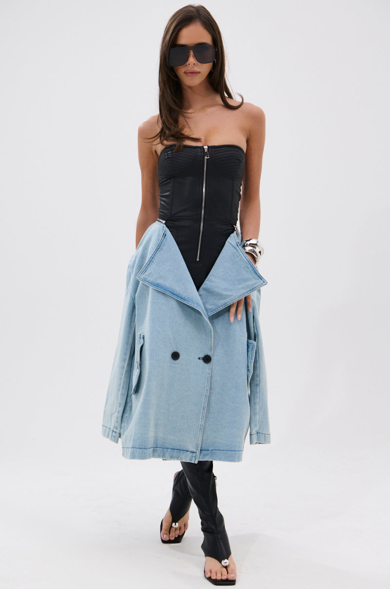BUSINESS IN THE FRONT DENIM BLAZER MIDI DRESS